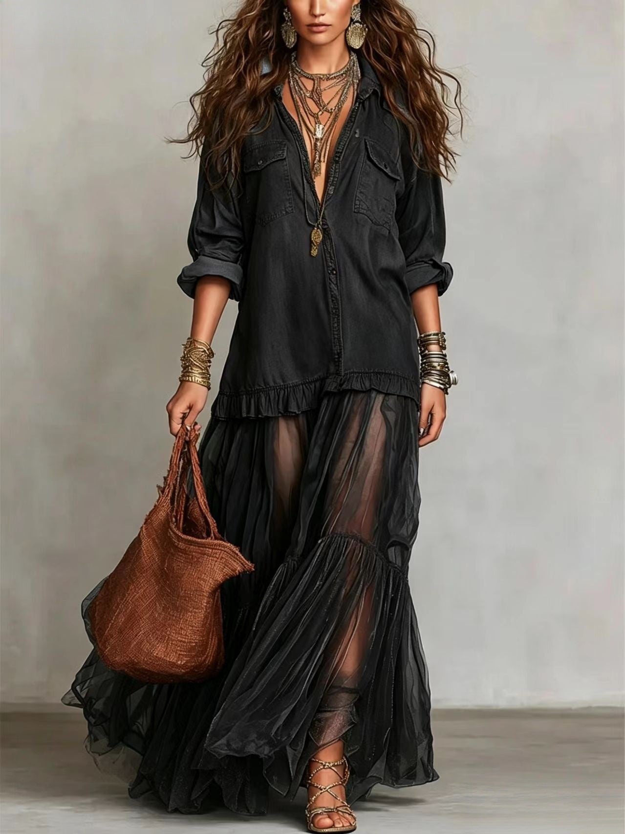 Vintage Denim-like Long Dress Casual Style 