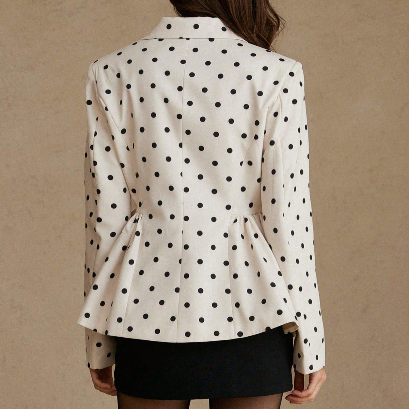 Chic Polka Dot Printed Blazer Coat for Women with Fitted Waist, Flared Skirt, Notched Lapel, Long Sleeve, Elegant Women's Suit Coat 