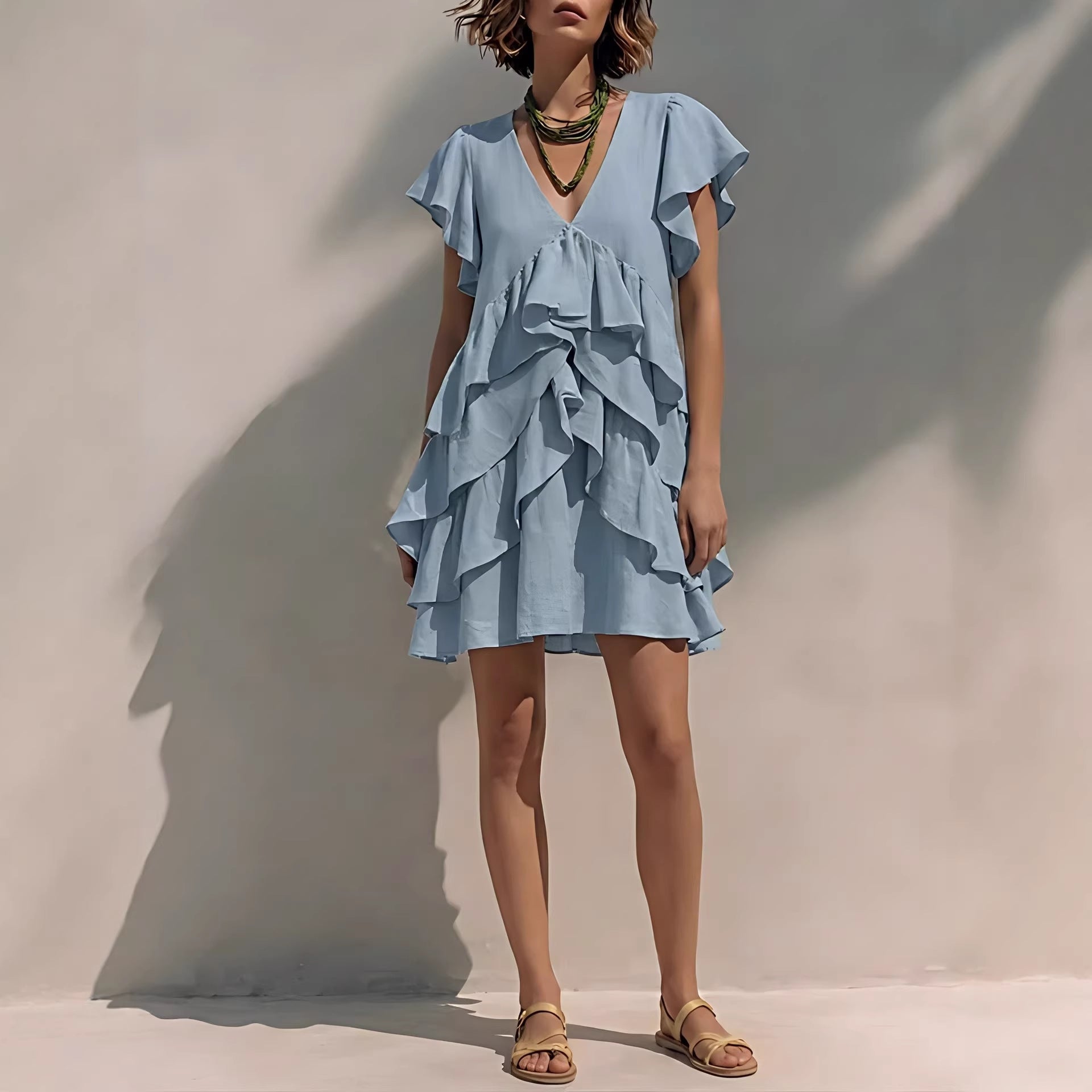 Women's V-Neck Ruffled-Edge Short-Sleeve Casual Loose Dress 