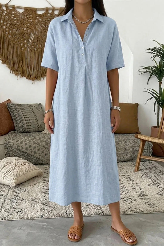 Casual Straight Fit Comfortable Linen Short Sleeve Polo Neck Dress for Women 