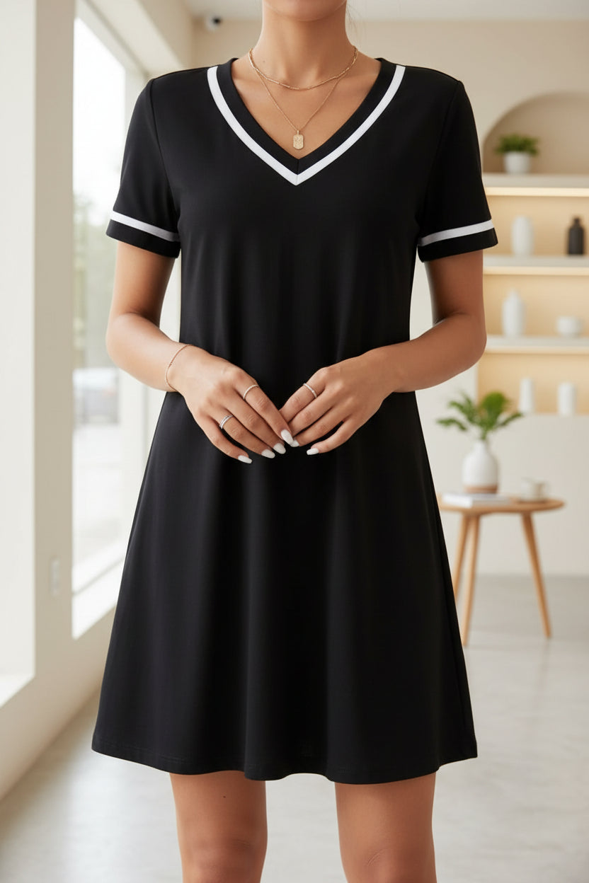 Women's Contrast-Color V-Neck A-Line Dress – Short Sleeve, Elegant, Mid-Rise 