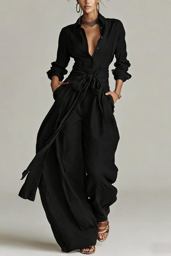 Solid color collar top high waisted pants two-piece set 