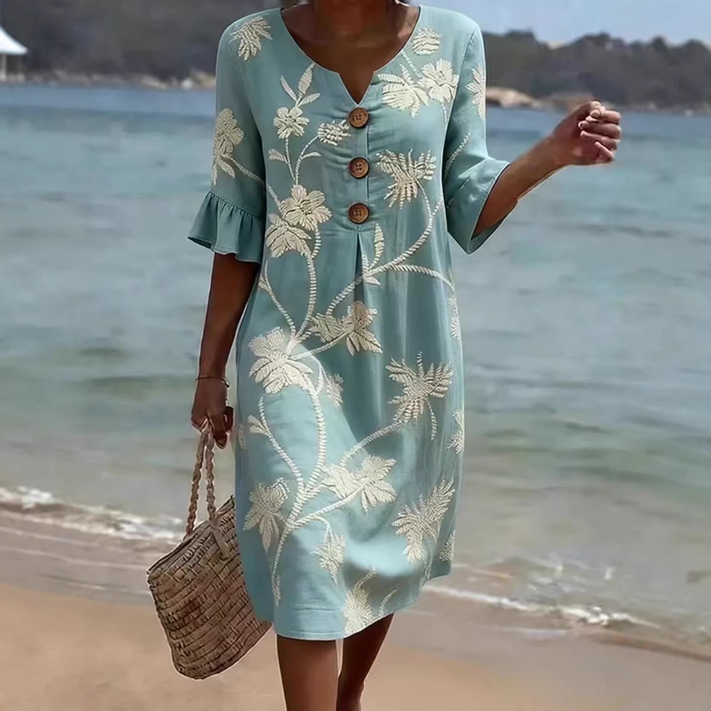 Resort Style V Neck Printed Loose Fitting Mid Sleeve Dress 