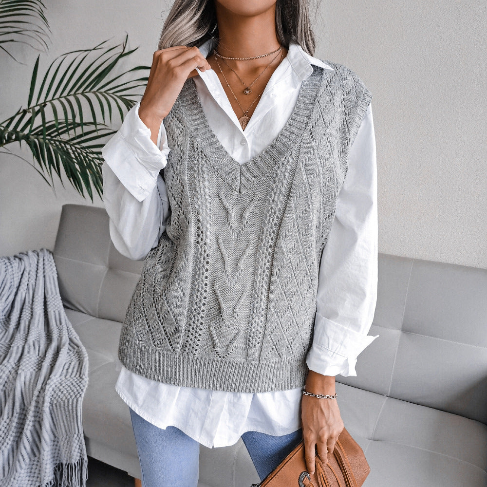 Hollowed-out Twisted V-neck Knitted Vest Sweater For Women CJ US