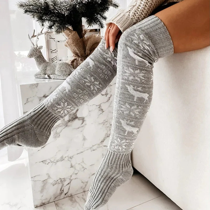 Winter Christmas Warm Knitted Women Stocking Beautiful Elk Snowflake Jacquard Over-the-knee Casual Long Socks For Ladies Gifts Free Size CJ
