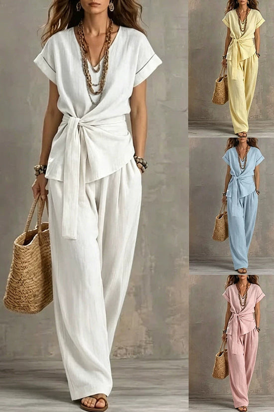 Women's V-neck Pullover Short-Sleeve Pants Set 