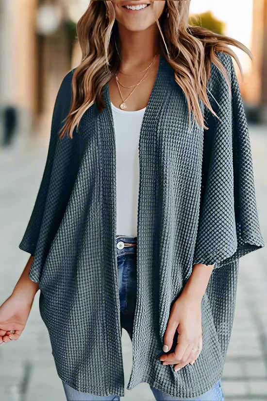 Women’s Bat Sleeve Knit Cardigan – Waffle Texture Open Front Sweater CJ US