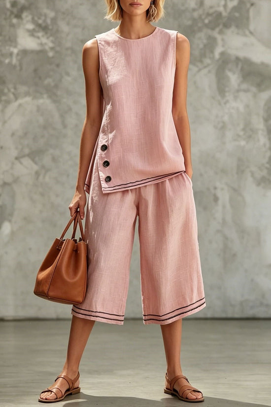 Sleeveless Side-split Tank Top Paired With Wide-leg Cropped Pants Womens Two-piece Set 