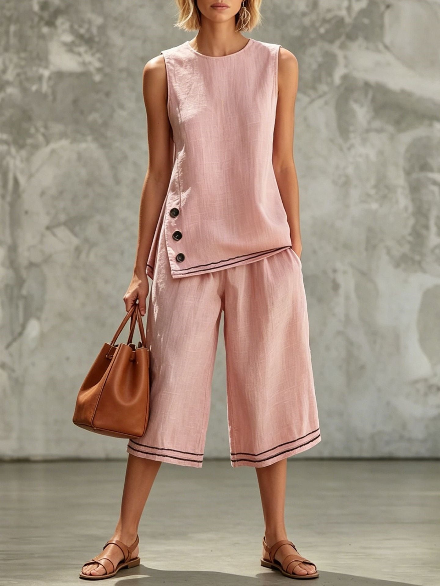 Sleeveless Side-split Tank Top Paired With Wide-leg Cropped Pants Womens Two-piece Set 