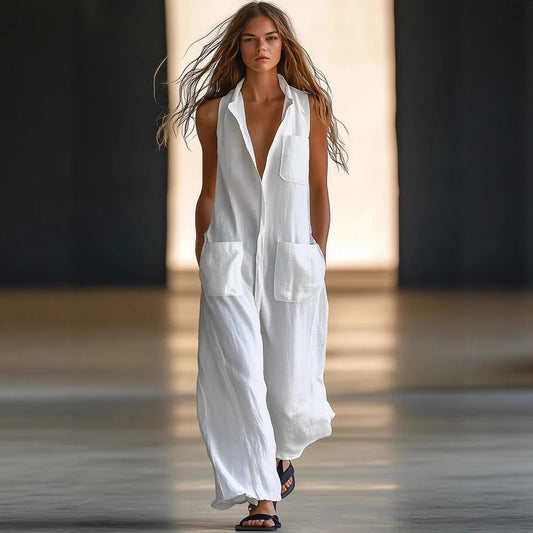 Casual Loose Sleeveless Single-Button Wide-Leg Pants Fashion Cargo Jumpsuit for Women 
