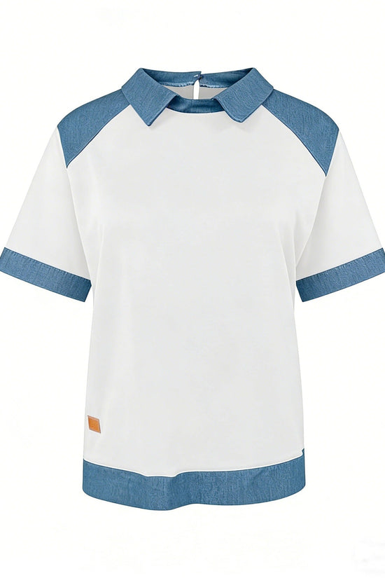 Patchwork Knitted Shirt Short-Sleeve Lapel Button-Up Shirt For Women 