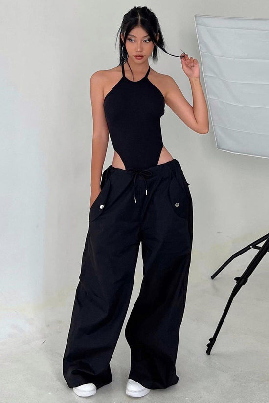 Solid-color Lace-up Loose-fitting Straight-leg Work Pants 