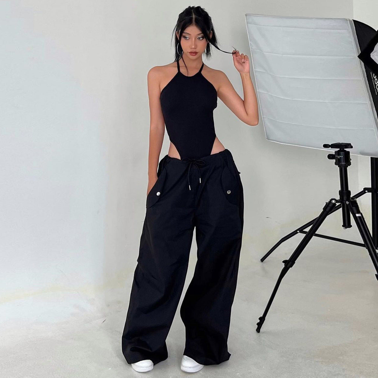 Solid-color Lace-up Loose-fitting Straight-leg Work Pants 