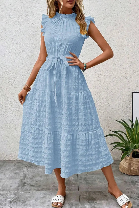 Tied Ruffled Cap Sleeve Midi Dress 