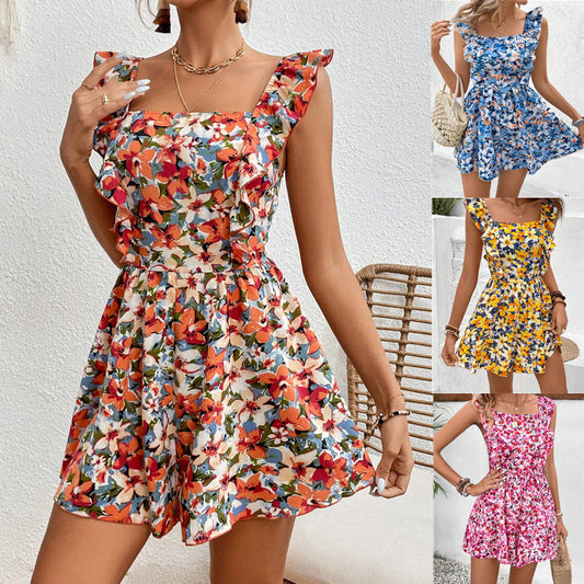 Sleeveless Square Collar Printed Elastic Waist Back Jumpsuit FitiqueFit