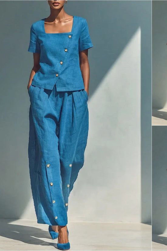 Womens Loose Short-Sleeve Top And High-Waist Pants Two-Piece Set 