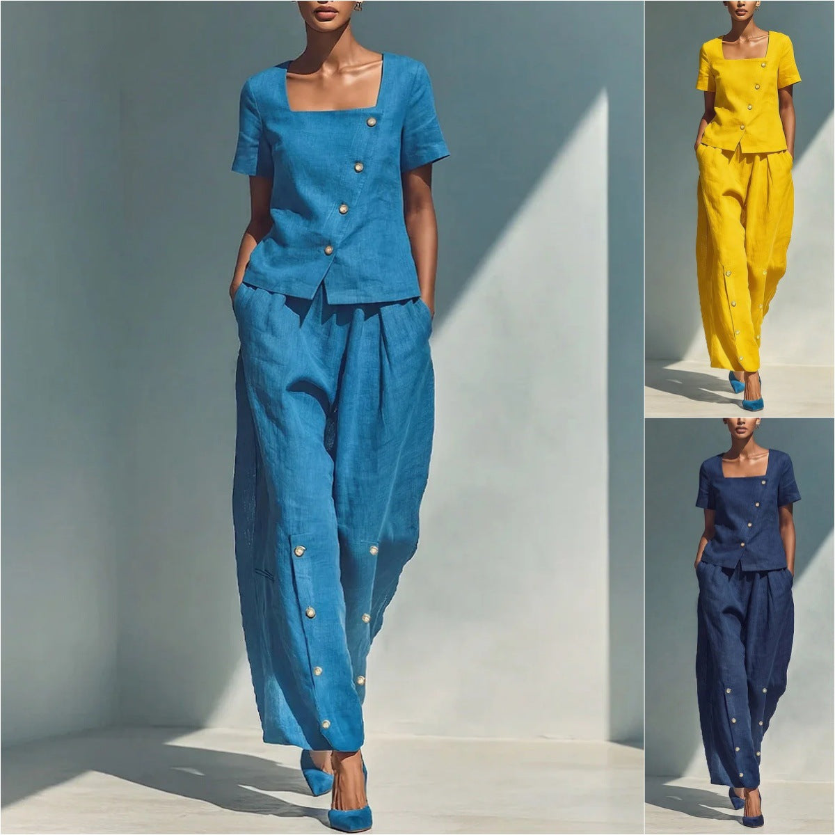 Womens Loose Short-Sleeve Top And High-Waist Pants Two-Piece Set 