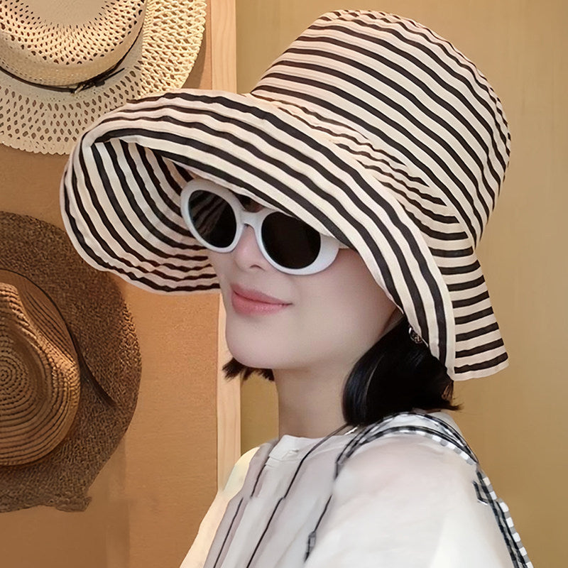 Women's Wide-Brim Striped Sun Hat – UV Protection & Adjustable Fit 