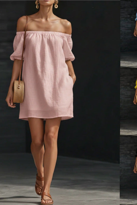 Cotton-linen Womens Off-shoulder Fashionable Loose-fitting Dress 