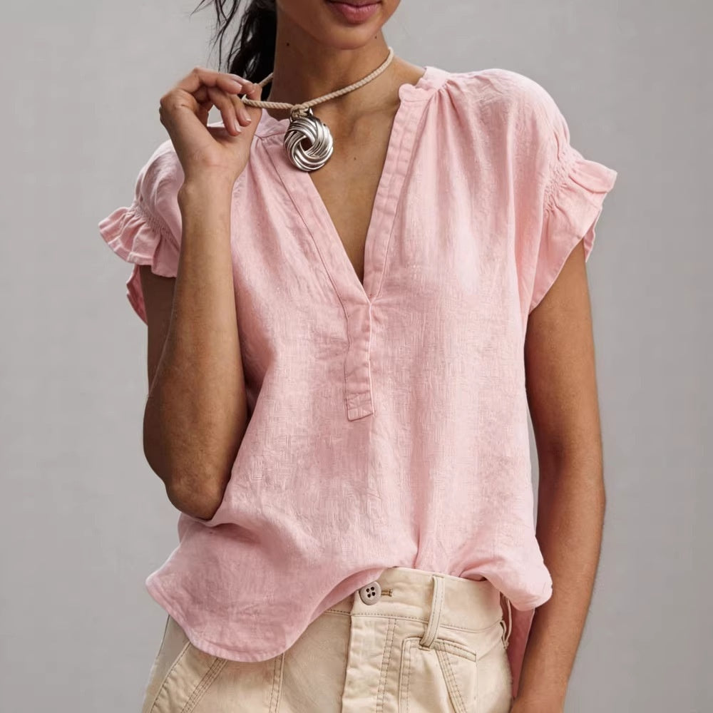 Women's Casual V-Neck Short-Sleeve Solid Color Cotton-Linen Top 