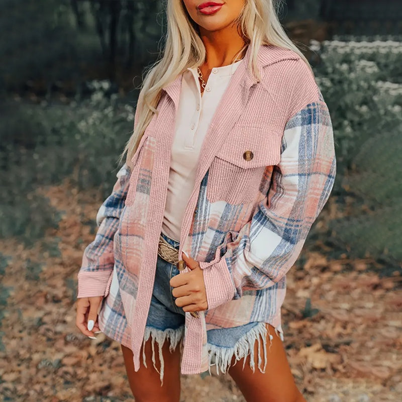 Women's Notch Lapel Check Print Long Sleeve Shirt - Button Front Pocket Detail Casual Blouse CJ US