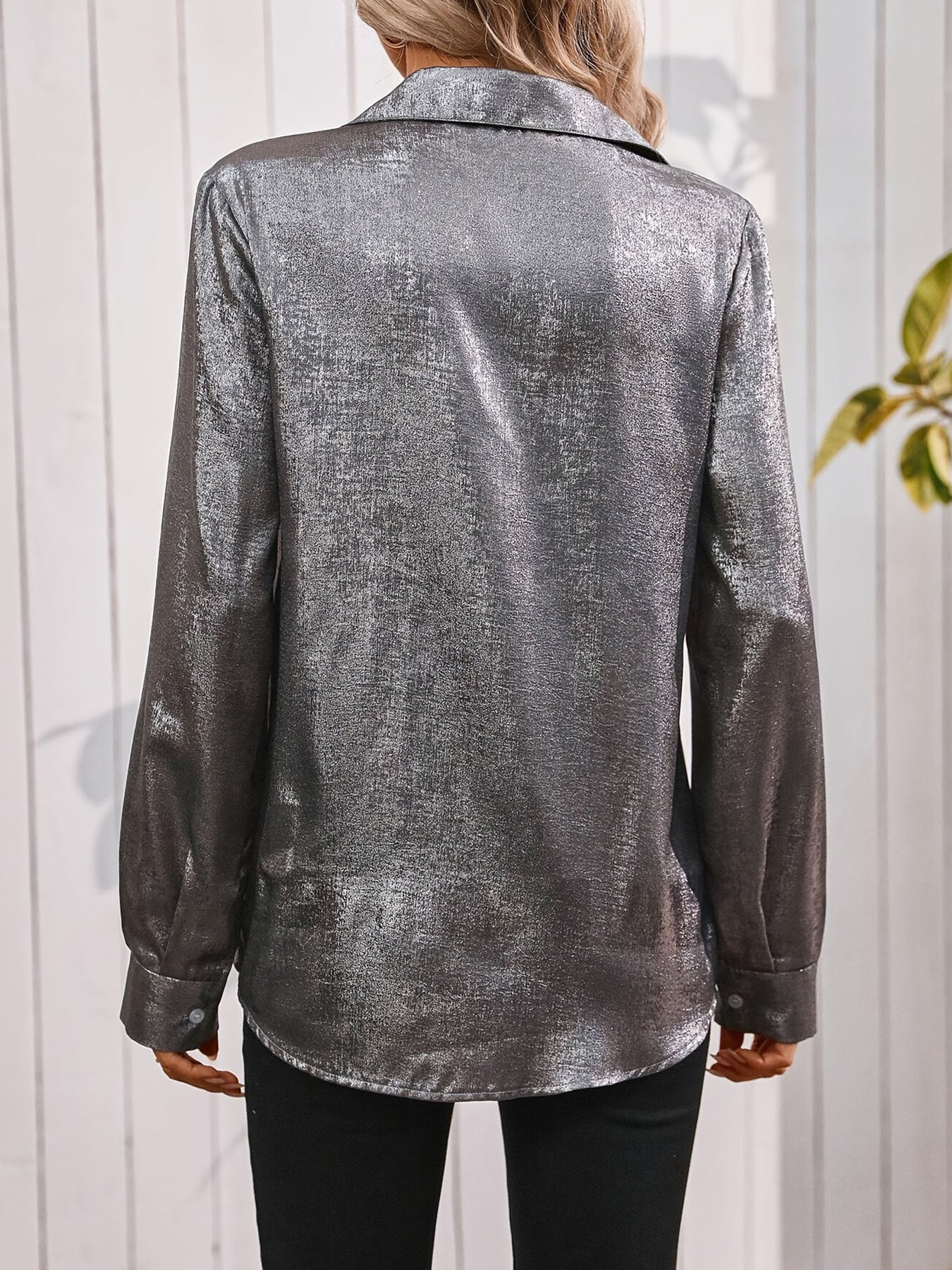 Satin Minimalist Long Sleeve Shirt – V-Neck Button-Down Casual Top for Women FitiqueFit