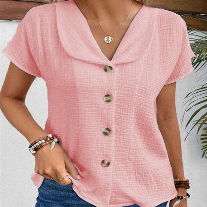 Summer Solid Color Fashion Short-sleeved Cardigan Button Women's Top FitiqueFit