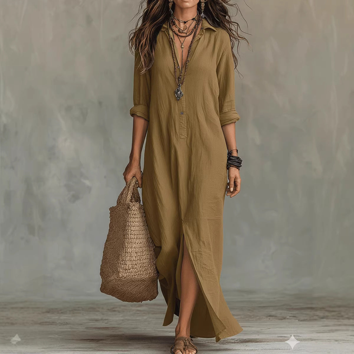 Spring Summer Solid Color Notch Lapel Front Slit Long Dress Casual Shirt Dress Lazy Style 