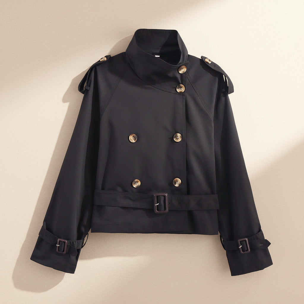 Notch-collar Short Trench Coat For Women With Belt Buckle Detailing 