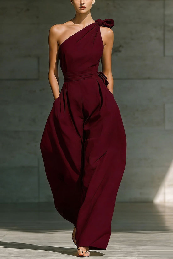 Loose-fitting Sleeveless Off-shoulder Belted Jumpsuit 