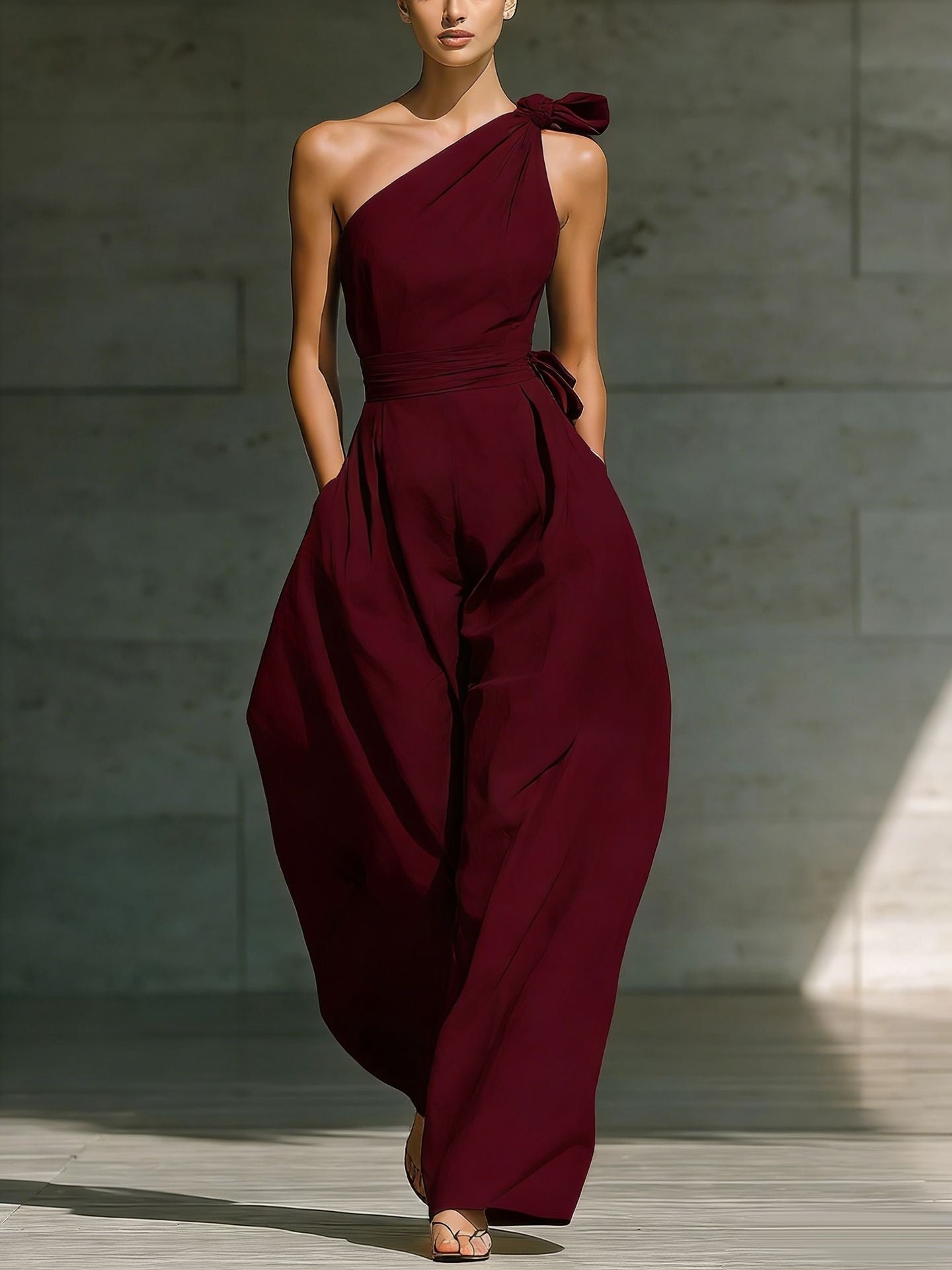 Loose-fitting Sleeveless Off-shoulder Belted Jumpsuit 