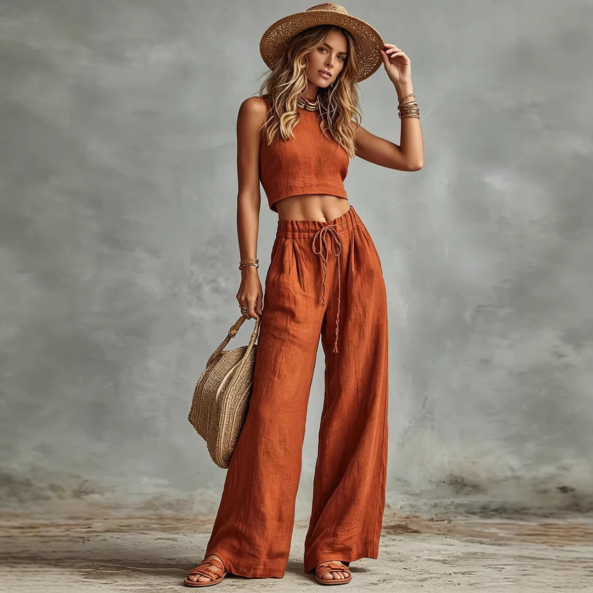 Vest Drawstring High-Waist Wide-Leg Pants Two-Piece Set 