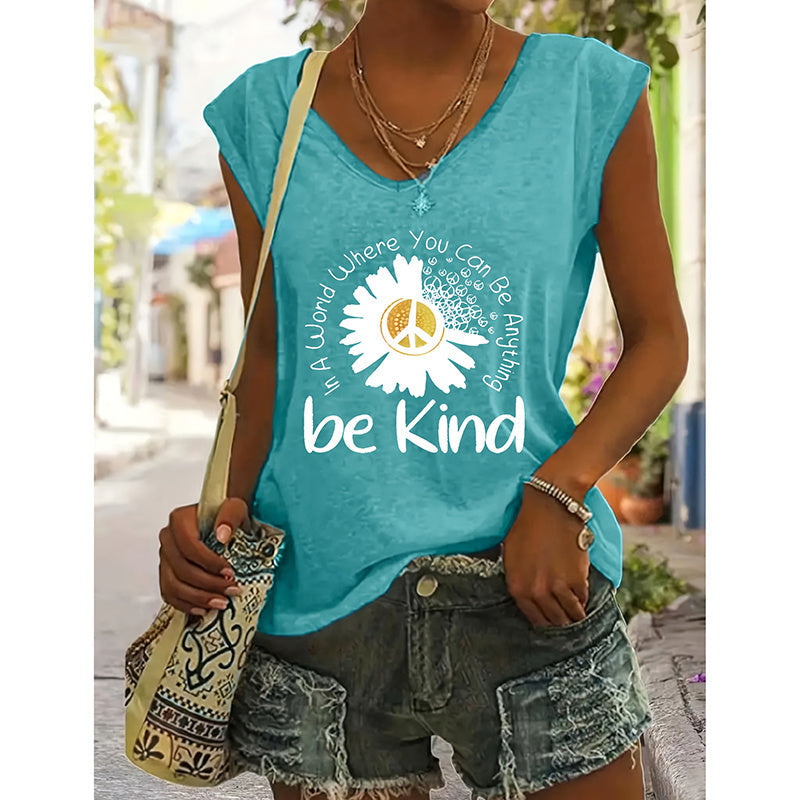 2-Pack Women's Floral T-Shirts Be Kind Wildflowers Graphic Print Casual V-Neck Tee Tops CJ