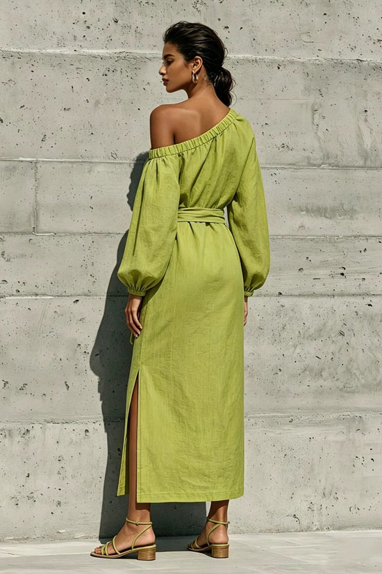 Fashionable Elegant Loose Linen Off-Shoulder Side Slit Dress with Belt 