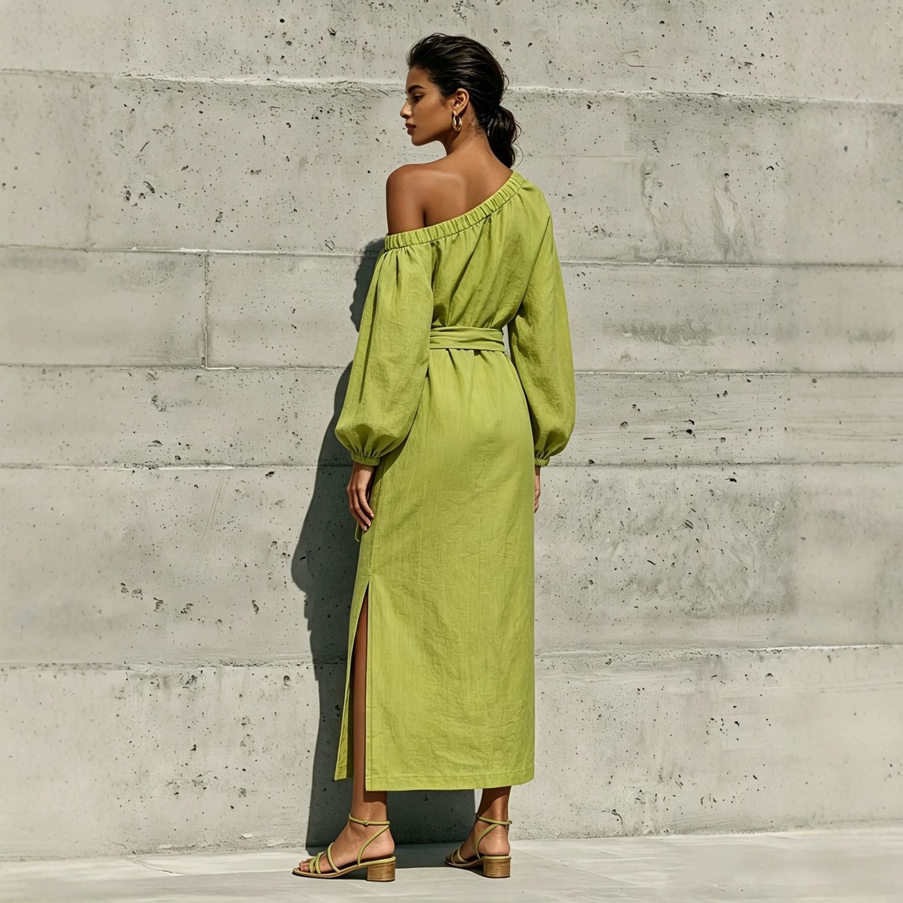 Fashionable Elegant Loose Linen Off-Shoulder Side Slit Dress with Belt 