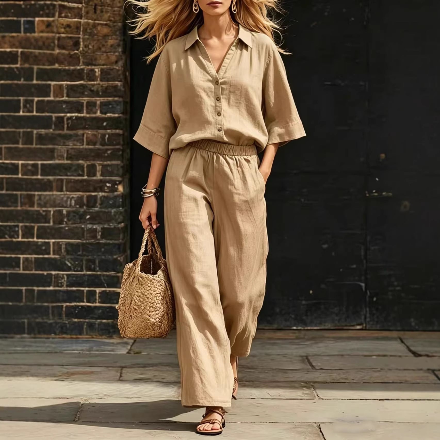 Womens Short-Sleeve Shirt And Loose Pants Two-Piece Set 
