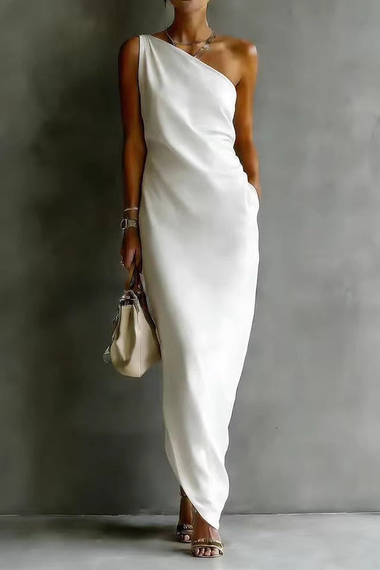 Elegant Satin Off-shoulder Draping Slim-fit Maxi Dress 