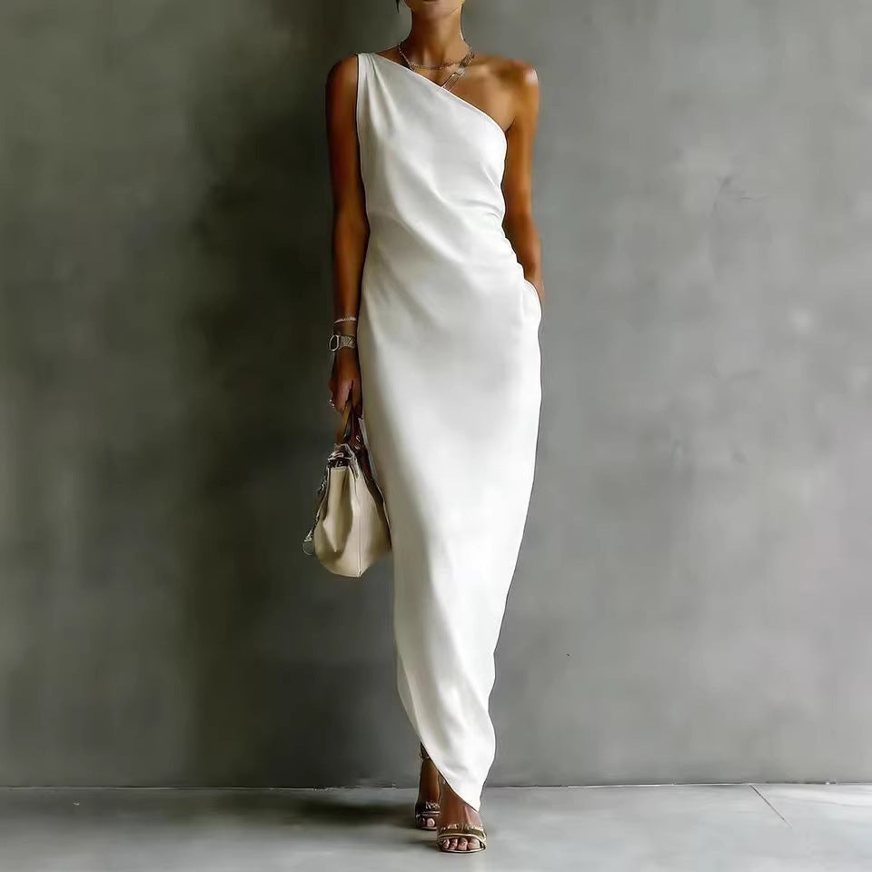 Elegant Satin Off-shoulder Draping Slim-fit Maxi Dress 