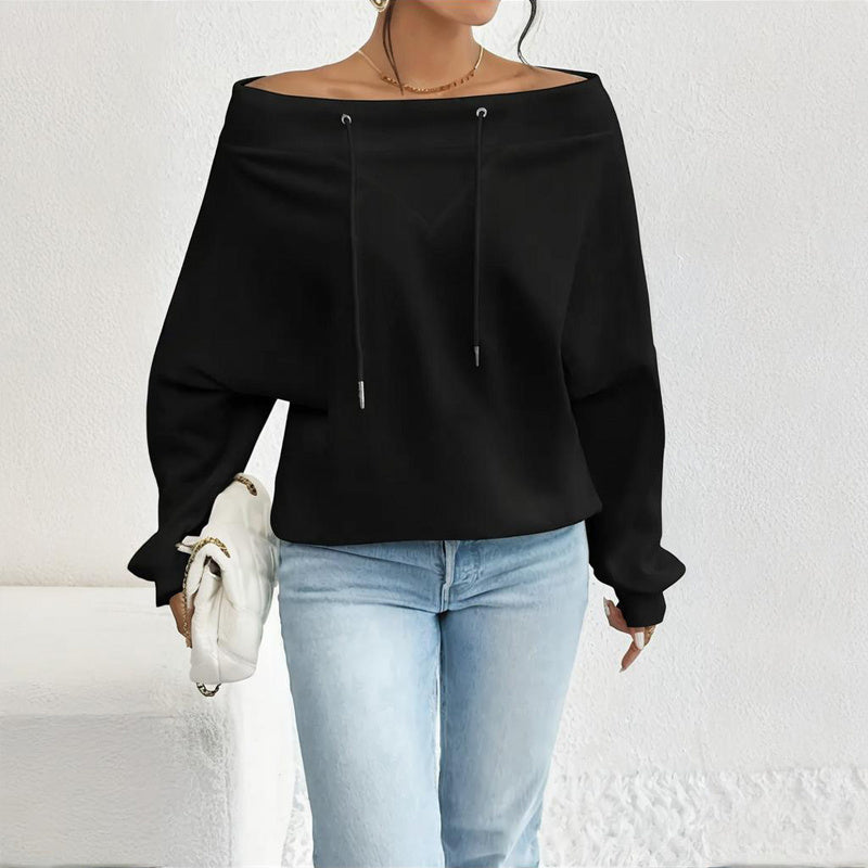 Plus Size Women's Solid Color Off-Shoulder Long Sleeve Pullover With Drawstring - Casual Ribbed Detail Top For Spring&Fall CJ US