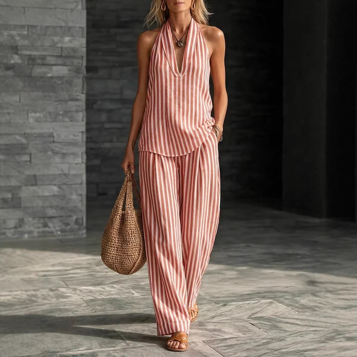 Striped Wide-leg Pants Womens Fashionable Two-piece Set 