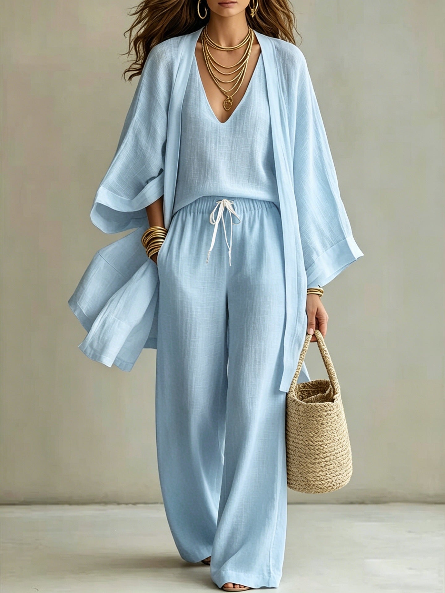 Loose cardigan sleeveless vest long pants three piece set for women