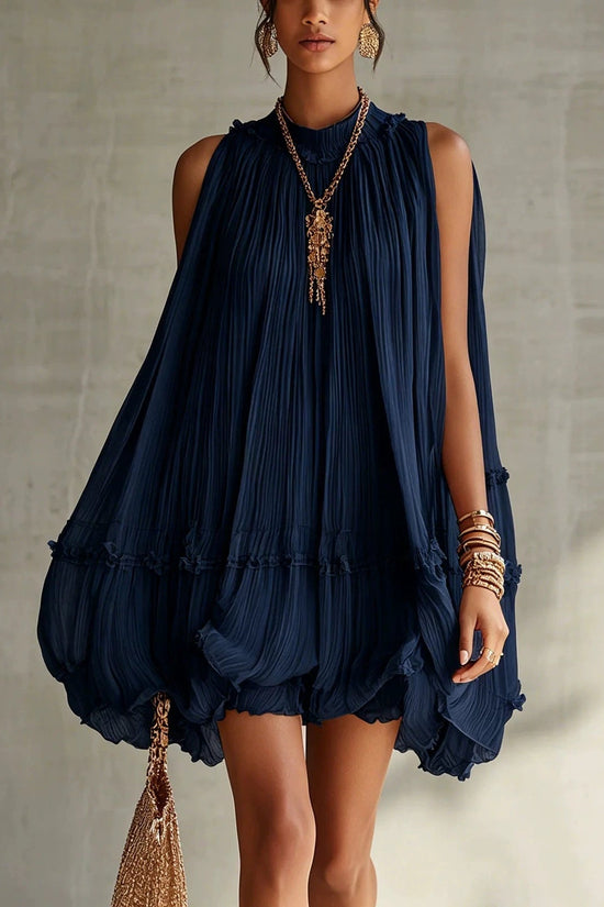 Sleeveless Pleated Mini Dress for Women, Loose A-Line Skirt with Ruffled Hem, Gathered Pleats, Casual Vacation Style, Flared Silhouette, Sweet Baby Doll Dress 