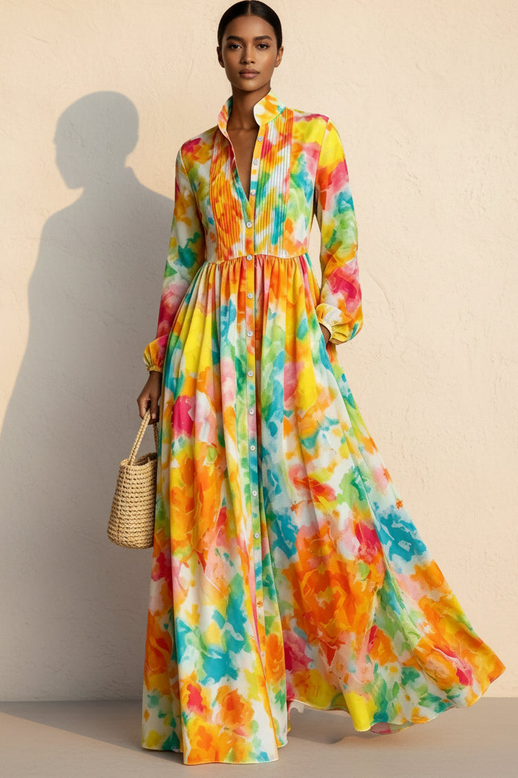 New Style Shirt Dress with  Floral Digital Printing Long Dress 