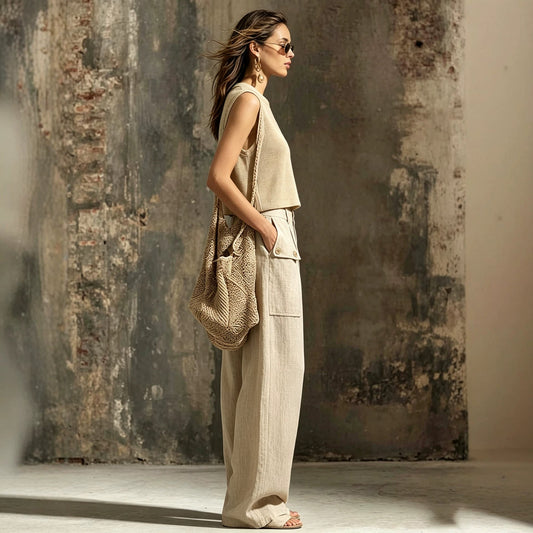 Khaki linen casual two-piece short knitted vest pocket wide leg pants set 