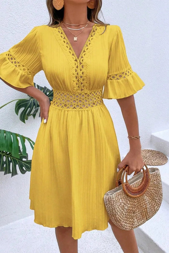 Cutout V-Neck Flounce Sleeve Mini Dress 