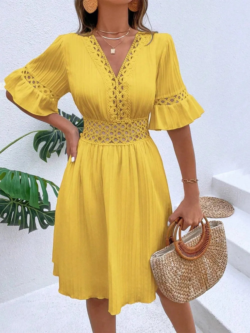 Cutout V-Neck Flounce Sleeve Mini Dress 