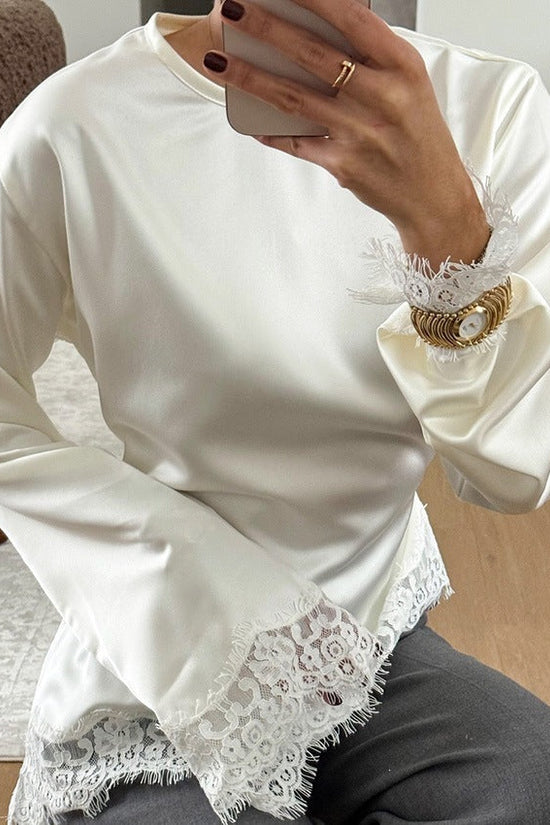 Round neck solid color long sleeved irregular hem T-shirt for women 