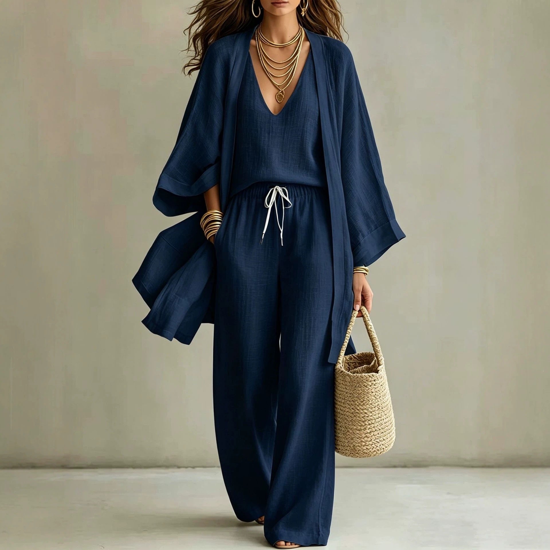 Loose cardigan sleeveless vest long pants three piece set for women