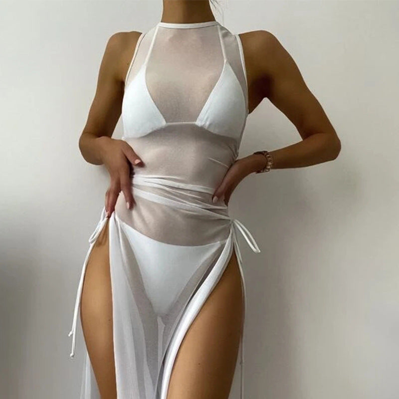 Bikini Swimwear Set, Solid Color Long Dress, Sexy Three-Piece Separated Swimsuit for Women 