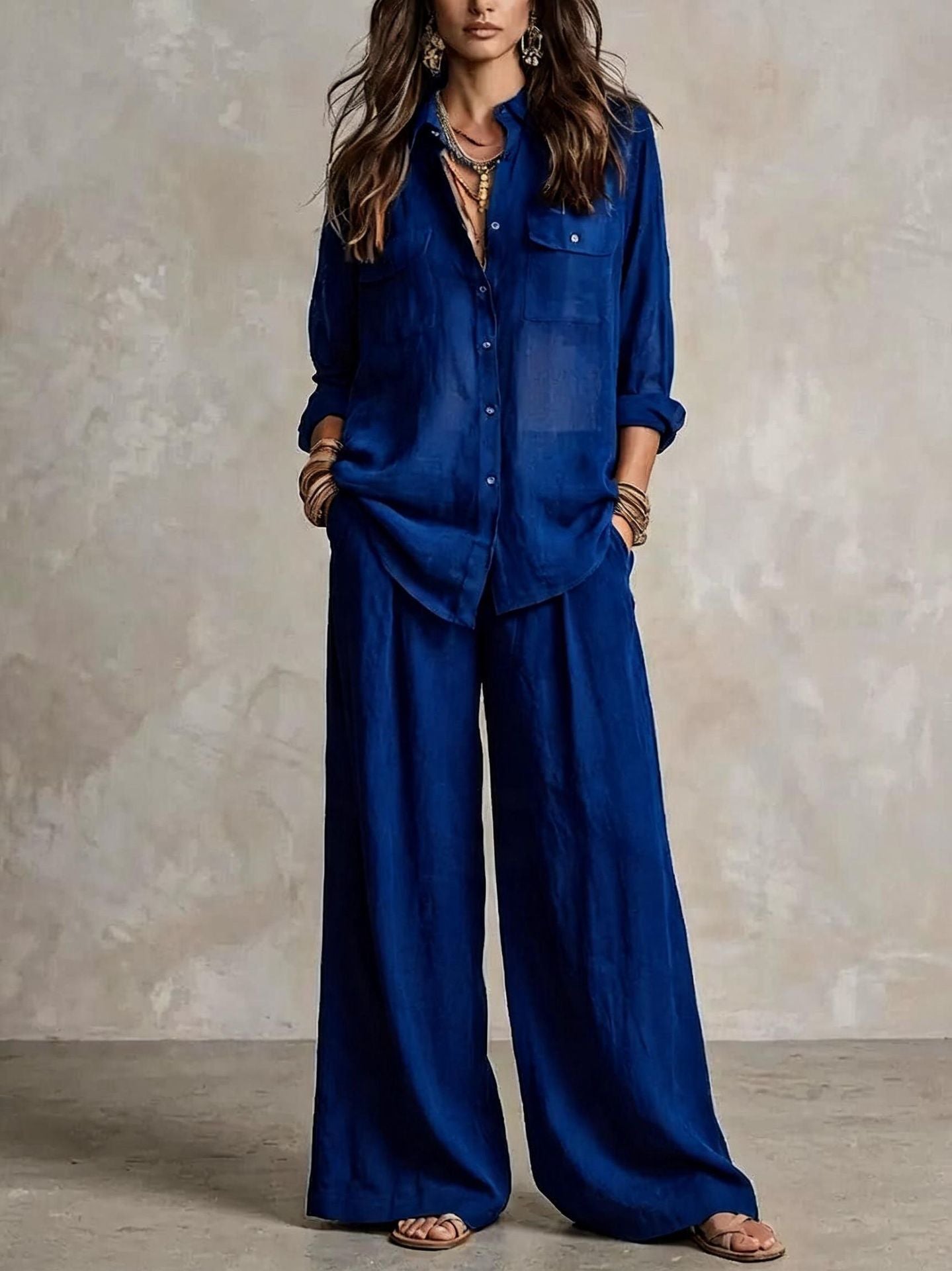 Chic Linen Set for Women, Breathable Lightweight Long Sleeve Shirt with Drapey Wide-Leg Pants, Vacation Style Casual Outfit 